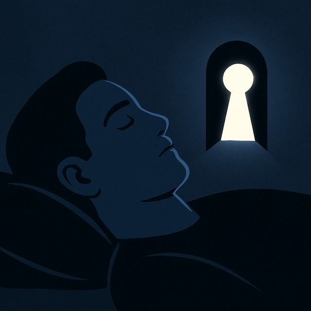 A person sleeping peacefully in darkness beside a glowing keyhole-shaped doorway symbolizing subconscious access, inspired by the CIA mind control experiment