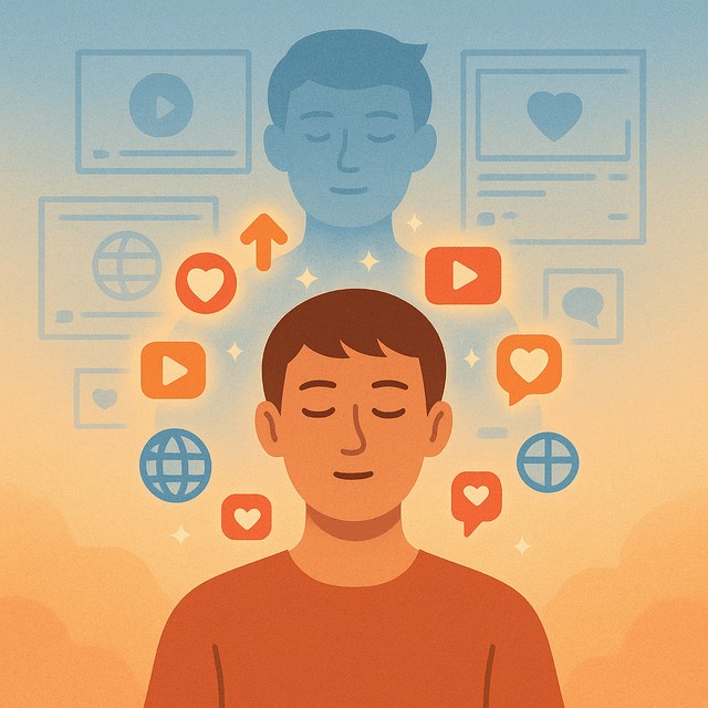 Visualizing Success Through Meditation and Manifestation A young man meditates as digital symbols of social media and success float around him, symbolizing the power of visualization and manifestation