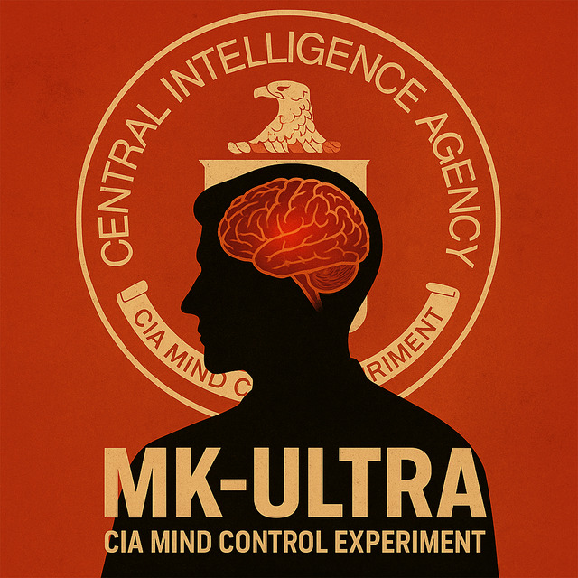 A silhouette of a human head with a glowing red brain in front of a vintage CIA emblem, symbolizing the MK Ultra mind control experiment.