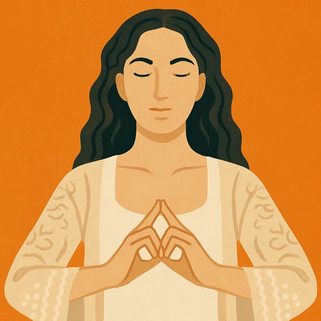 Balancing Brain Energy Through Mudra Meditation Woman practicing mudra meditation with closed eyes, seated cross-legged in a calm space, symbolizing energetic balance and clarity.