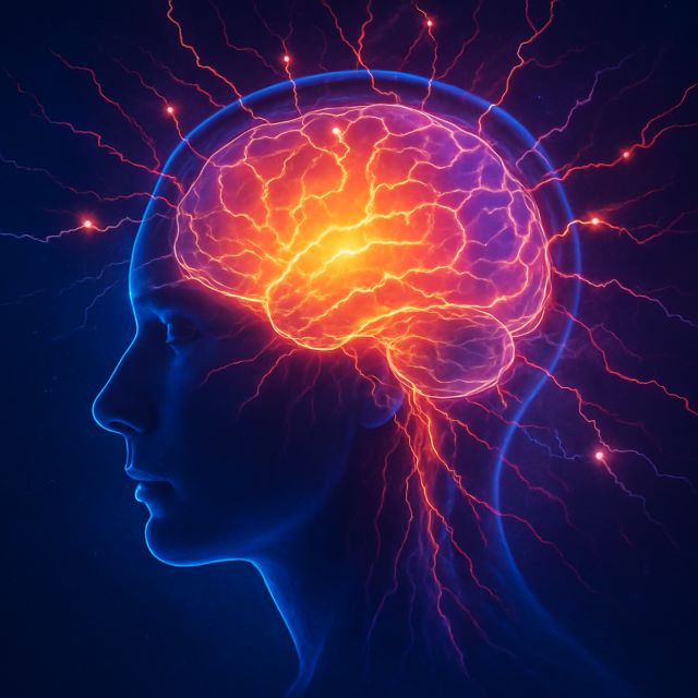 Digital illustration of a human brain lighting up with neural activity during visualization, representing the effects of money manifestation hypnosis.