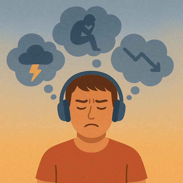 Unconscious Visualization and the Power of Thought A young man wearing headphones with a distressed expression imagines negative outcomes like failure, sadness, and storms in thought bubbles above his head.