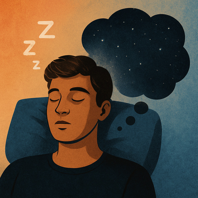 A young man drifting to sleep with a starry thought bubble above his head, symbolizing subconscious access during altered brainwave states.