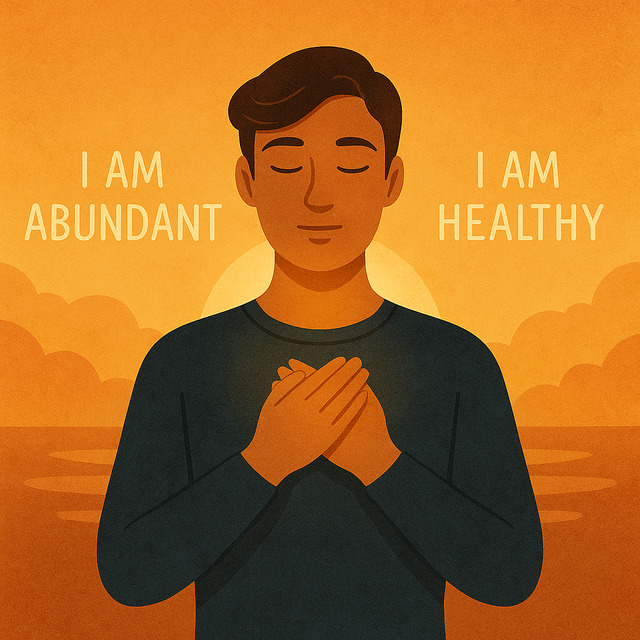 Gratitude in Wayne Dyer I Am Affirmations Visualization A young man meditates at sunrise with his hands over his heart, surrounded by the affirmations “I Am Abundant” and “I Am Healthy,” symbolizing gratitude and manifestation.
