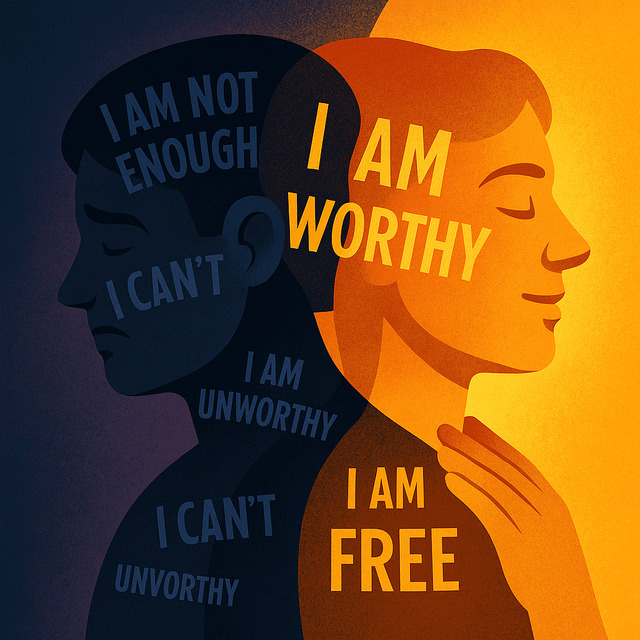 Wayne Dyer I Am Affirmations: Shift from Limitation to Empowerment Two overlapping human profiles, one in dark blue with limiting beliefs like “I am not enough,” and the other glowing in orange with affirmations like “I am worthy.”