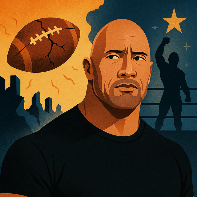 Dwayne Johnson’s Journey: From Football Failure to Global Icon A stylized portrait of Dwayne Johnson with a cracked football in the background and a silhouette of him in a wrestling ring beneath a glowing star.