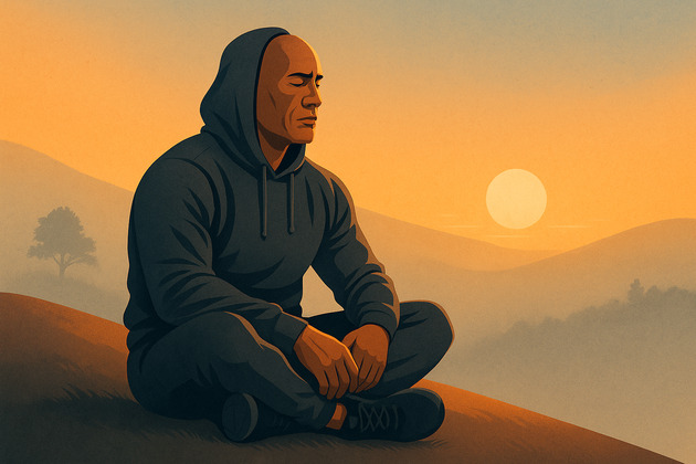 Dwayne Johnson Morning Routine: Finding Clarity at Sunrise Dwayne Johnson sitting cross-legged in meditation at sunrise on a quiet hilltop, wearing a hoodie with eyes closed and a calm, focused expression.