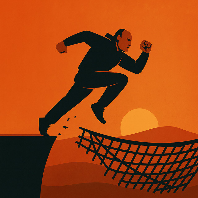 Taking the Leap: Moving Forward Without a Safety Net A muscular man leaps from the edge of a cliff toward a sagging safety net at sunset, symbolizing courage and moving forward without guarantees.