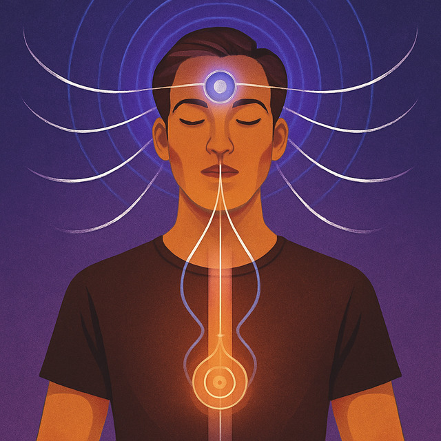 Energy Flow to the Third Eye Through Breathwork Illustration of a person meditating with rising energy flow through the spine to the third eye, symbolizing how to open my third eye.