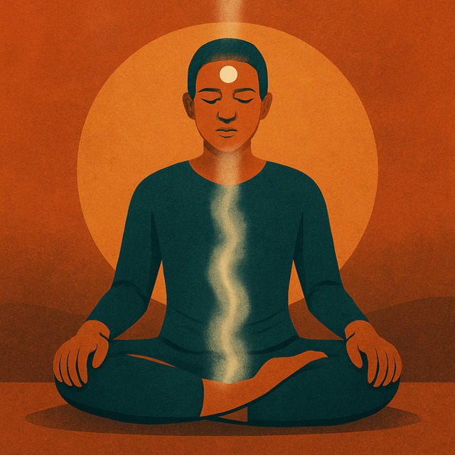 Breathwork and Energy Awakening for Opening the Third Eye Person meditating with energy rising along the spine toward the third eye, symbolizing how to open my third eye through breathwork and focus