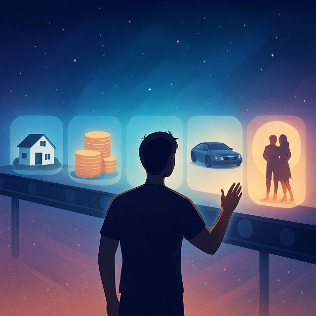 A person standing before a cosmic conveyor belt, selecting from different visions of financial and personal success like a home, money, a car, and love inspired by mirror principle law of attraction.