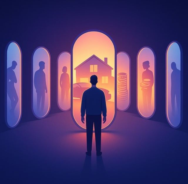 A person stands in front of six glowing mirrors, each reflecting a different version of their financial future, with one mirror showing a house, car, and coins.