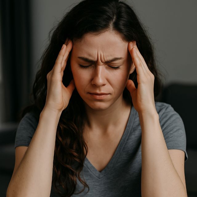 Emotional Overload - When Energy Gets Stuck A young woman holds her head in her hands, sitting on a couch with eyes closed, overwhelmed by stress and emotional tension.
