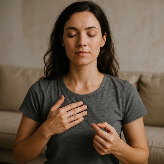 Grounding the Mind with EFT Tapping Practice A calm woman with light brown hair sitting in a quiet space, gently tapping her collarbone with her fingertips as part of an EFT tapping meditation session.