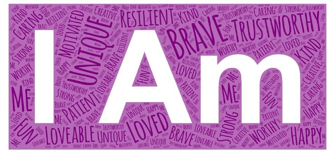 Wayne Dyer I Am Affirmations Word Cloud A purple word cloud with the large words "I Am" surrounded by positive affirmations like brave, loved, unique, patient, and trustworthy.