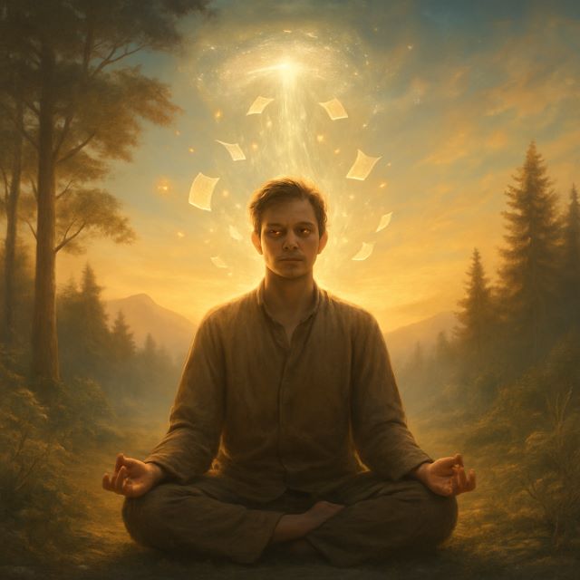 A serene digital painting of a man meditating in a glowing ethereal space, symbolizing what happens when you access your akashic records.