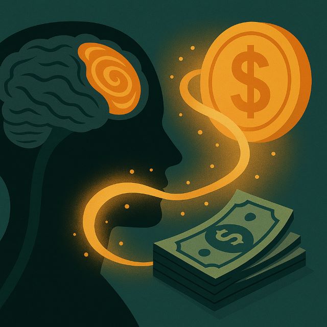 Quantum Energy Visualization for Wealth A flat digital illustration showing a human head silhouette with a glowing brain spiral connecting to floating dollar bills and a gold coin, symbolizing quantum manifestation for money and energy.