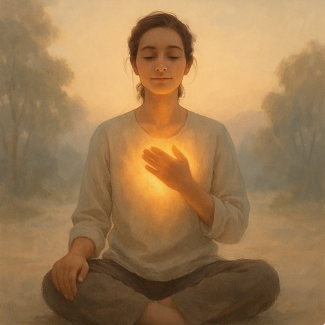 A young person meditates at sunrise with one hand over their glowing heart, symbolizing the emotional resonance of the Gregg Braden prayer.