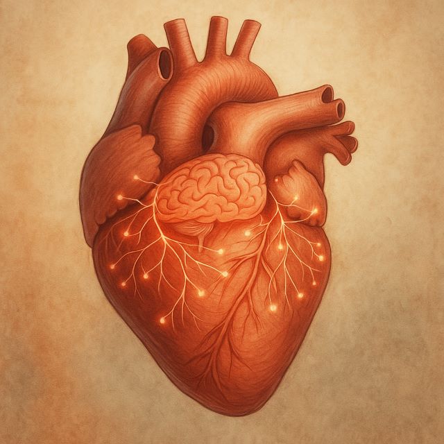 "Scientific visualization of the human heart's neural network showing the 'little brain' in the heart, relevant to Gregg Braden prayer method"