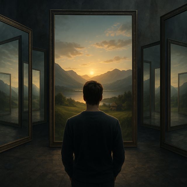 A person stands calmly in a surreal space filled with glowing mirrors, each reflecting a different version of life, symbolizing choice and transformation.