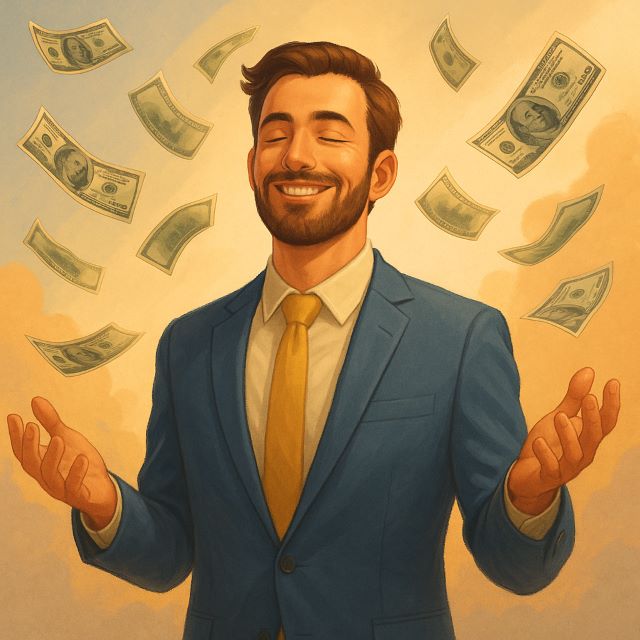 A digital illustration of a peaceful woman visualizing financial abundance, symbolizing money manifestation hypnosis and inner alignment.