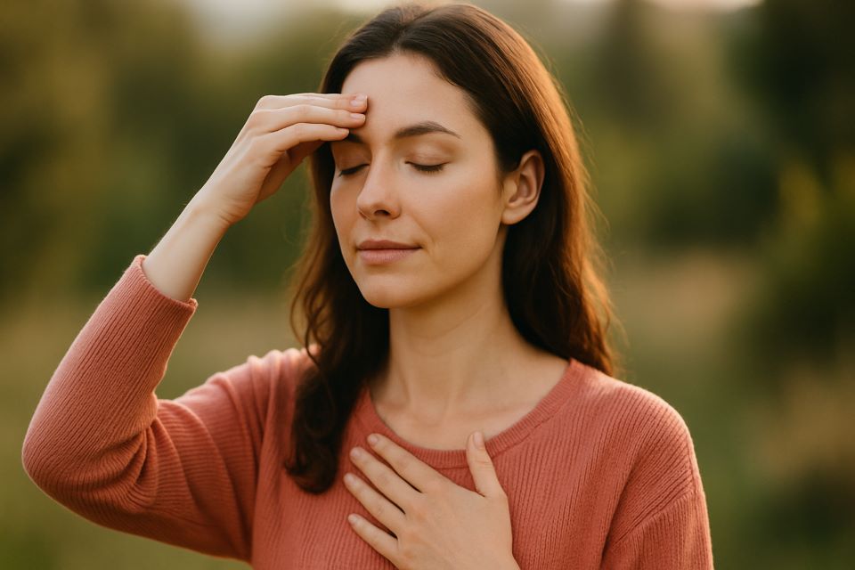 A woman sitting cross-legged on a yoga mat at sunset, gently tapping her forehead with her fingertips during an EFT tapping for Manifesting Money