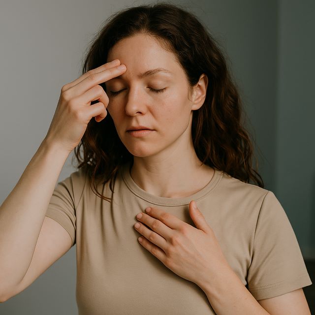 Woman Practicing EFT Tapping for Emotional Clarity and Calm A young woman practices emotional release by gently tapping energy points on her face during a calming meditation session.