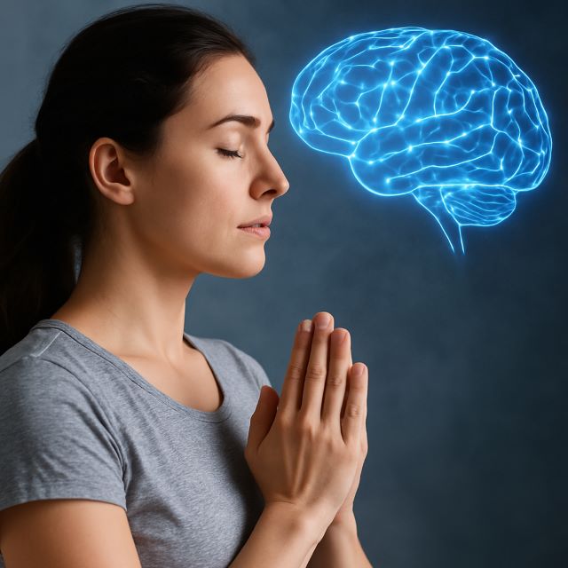 Woman meditating with eyes closed, visualizing clearly—illustrating how the brain activates during mental imagery.