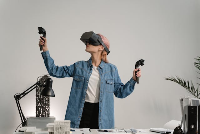 Woman using virtual reality gear as a visual metaphor for how to control my reality