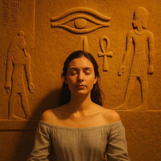 Ancient Awareness - Tuning into Pineal Gland Frequencies A woman with closed eyes gently touches her forehead between the brows, symbolizing activation of the third eye and alignment with pineal gland frequencies.