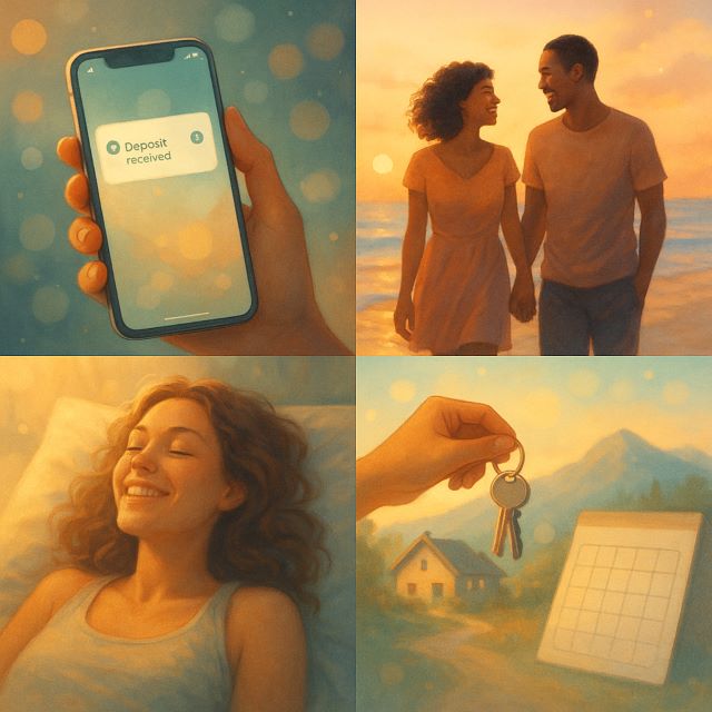 Change Reality With Your Mind - Money, Love, Health & Freedom Four-panel square illustration showing how to change reality with your mind—bank “deposit received” on a phone, a couple walking at sunset, a relaxed woman waking healthy, and keys to a mountain home beside a spacious calendar.