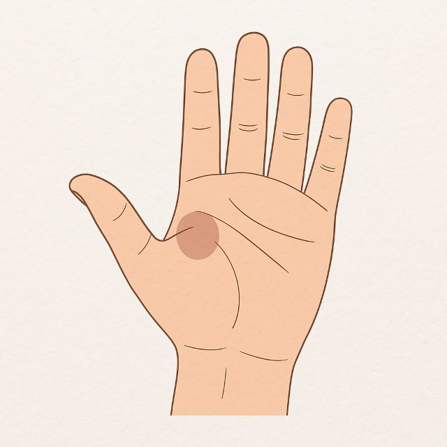 Illustration of hand reflexology for stress showing the thumb pressure point