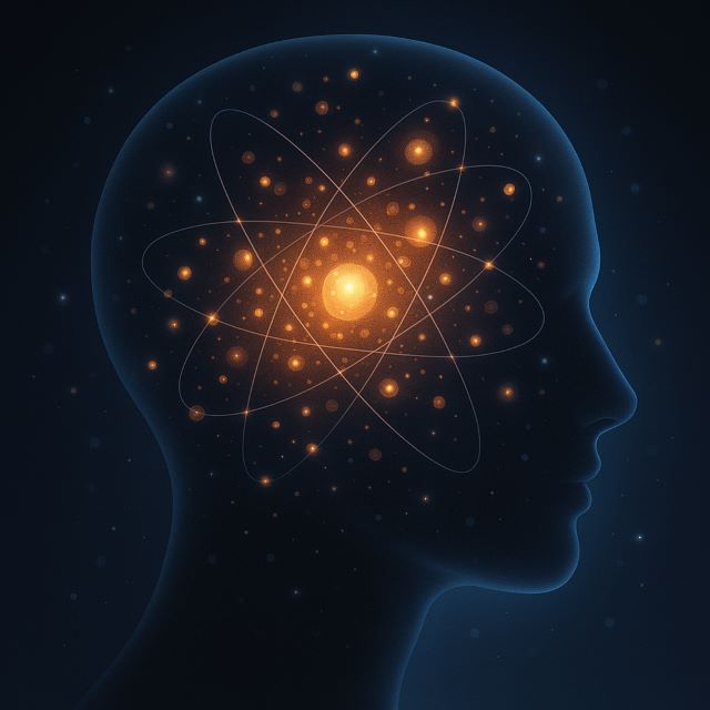 How Long Does It Take to Reprogram Your Subconscious Mind – Energy in Motion Illustration of a human head filled with glowing atomic particles, symbolizing how long does it take to reprogram your subconscious mind and the brain’s ability to shift and rewire