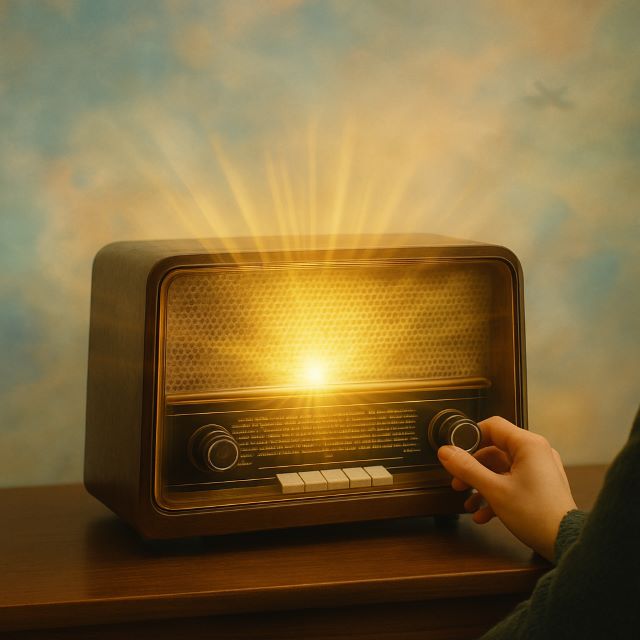 How to Manifest Miracles in Your Life - Tuning Into Miracles Hand tuning a vintage radio glowing with golden light, symbolizing how to manifest miracles in your life by aligning with higher energy.