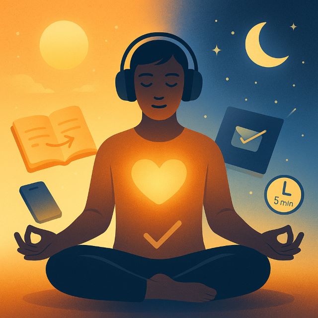 Illustration of a person meditating with headphones, split warm sunrise and cool moonlit background, with icons of a journal, envelope “yes,” and a subtle timer—symbolizing a 5-minute morning and night routine of hypnosis, affirmations, journaling, and visualization