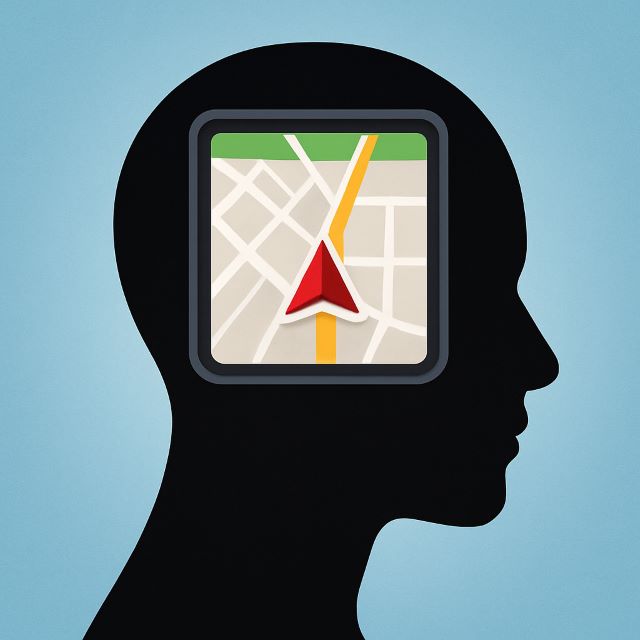 Inner GPS – The Psycho-Cybernetic Mechanism Silhouette of a human head with a glowing GPS map inside, symbolizing how long does it take to reprogram your subconscious mind and the inner program that shapes money, love, health, and confidence
