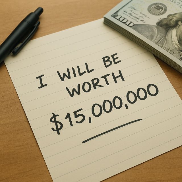 Close-up of a handwritten note declaring a $15,000,000 goal with money and a pen beside it, symbolizing millionaire mindset secrets
