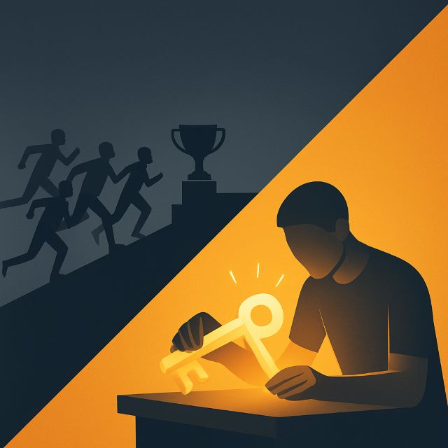 Split-image illustration showing a crowd racing toward one trophy on the left and a creator crafting a glowing key on the right—visualizing how Bob Proctor made his money by creating, not competing