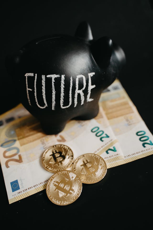 Black piggy bank labeled “Future” on euro notes with bitcoin coins, illustrating how to stop being broke by saving and investing