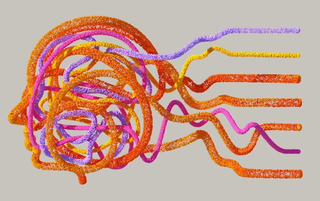 Abstract colorful lines forming a human head, symbolizing neuroplasticity and scientific proof of manifestation