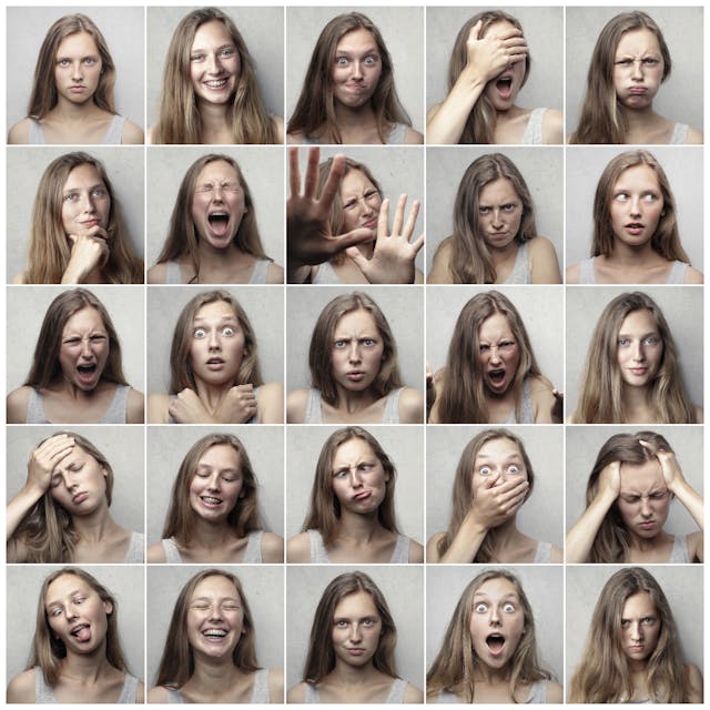 Training Your Emotional State Collage of a woman displaying many emotions—applying dr joe dispenza manifestation meditation to shift feelings on demand.