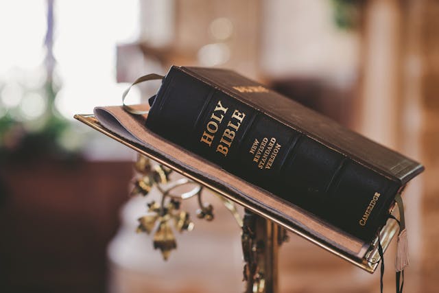 Holy Bible on a church lectern, symbolizing teaching on what does the bible say about the subconscious mind and renewing thought patterns