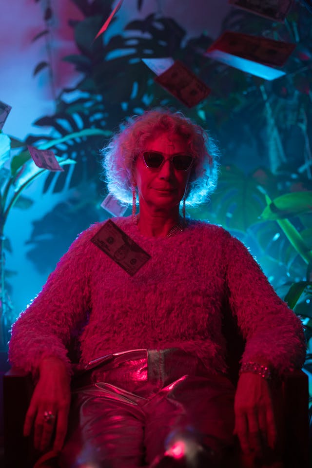 Person in neon lighting with floating dollar bills, symbolizing affirmations for financial freedom and an abundance mindset