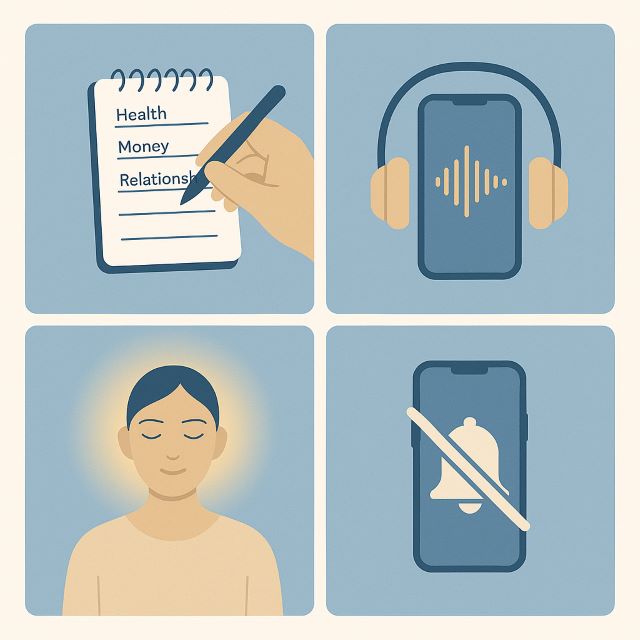 Daily 4-Step Routine - How to Program the Subconscious Mind 2x2 illustration showing four steps—writing “Health, Money, Relationships” goals, listening to affirmation audio with headphones, calmly meditating, and silencing phone notifications—visual guide on how to program the subconscious mind.