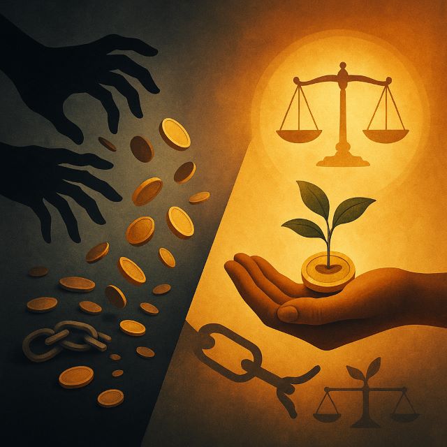 Split illustration with shadowy hands grabbing falling coins on the left and an open palm nurturing a coin-sprout beneath balanced scales on the right, symbolizing clearing subconscious blocks through integrity and value.