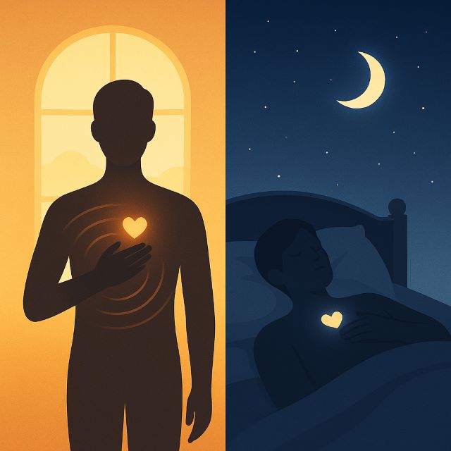 Split illustration: person standing hand-over-heart at sunrise and resting in bed under a crescent moon, symbolizing morning and nighttime practice of the 5 most powerful mantras.