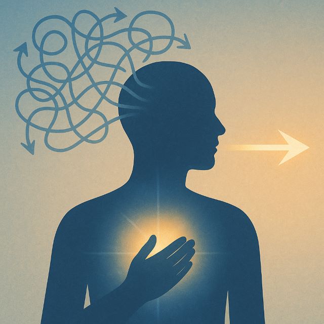 Reprogram Your Autopilot - How to Program the Subconscious Mind Illustration of a human silhouette with tangled arrows around the head and a glowing heart, symbolizing clarity and how to program the subconscious mind