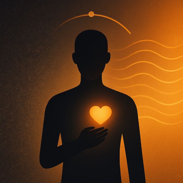 Silhouette with a glowing heart and tuning arc between left-side static and right-side smooth waves, visually answering what is subconscious reprogramming by showing state-tuning before action.