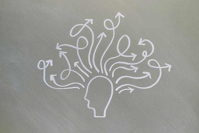 Clear Your Mind with Affirmations to Have a Good Day Illustration of a human head with arrows representing positive thoughts and affirmations to have a good day