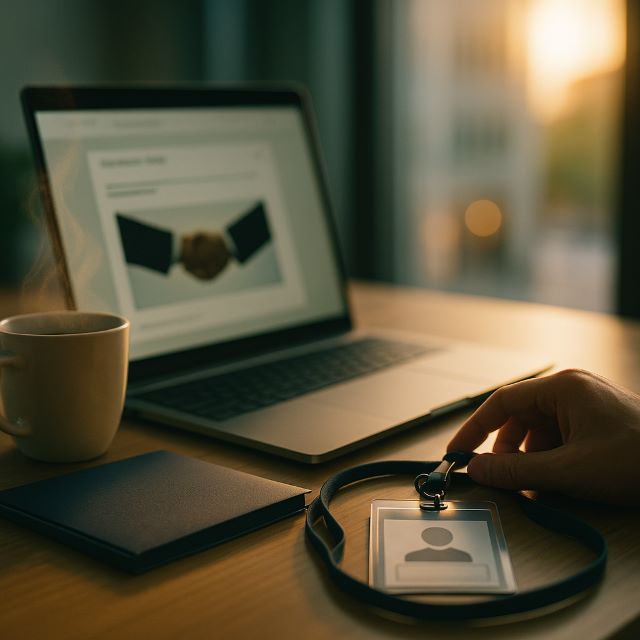 First-Day Feeling — Prayer to Get a Job Warm morning scene with a laptop, blank ID badge on a lanyard, and a calm hand resting by the desk, capturing the “offer moment” vibe of a prayer to get a job.
